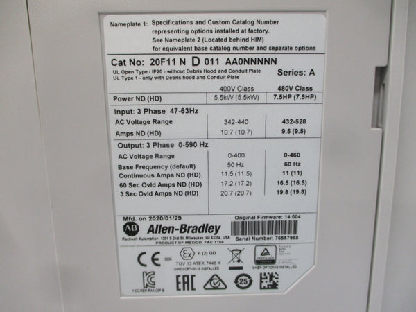 ALLEN BRADLEY 20F11ND011AA0NNNNN SER. A F/W 14.004 480VAC 11A NSMP