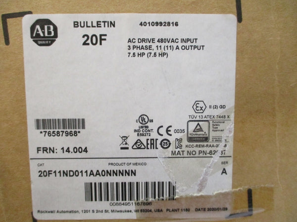 ALLEN BRADLEY 20F11ND011AA0NNNNN SER. A F/W 14.004 480VAC 11A NSMP