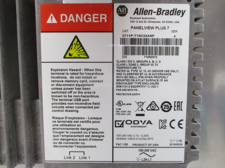 ALLEN BRADLEY 2711P-T19C22A9P SER. A 100-240VAC 0.73-0.35A REMAN