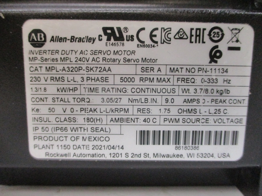 ALLEN BRADLEY MPL-A320P-SK72AA SER. A 240VAC 9.0A NSMP