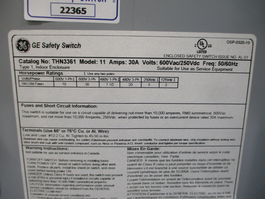 GENERAL ELECTRIC THN3361 600VAC 30A NSMP