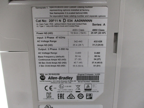 ALLEN BRADLEY 20F11ND034AA0NNNNN SER. A F/W 14.002 480VAC 34A NSMP