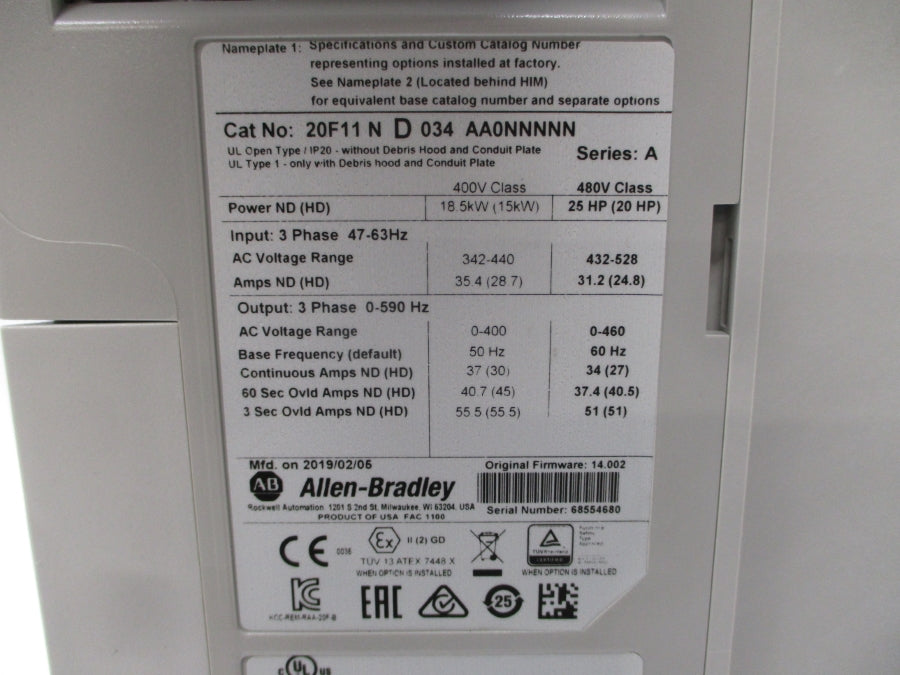 ALLEN BRADLEY 20F11ND034AA0NNNNN SER. A F/W 14.002 480VAC 34A NSMP