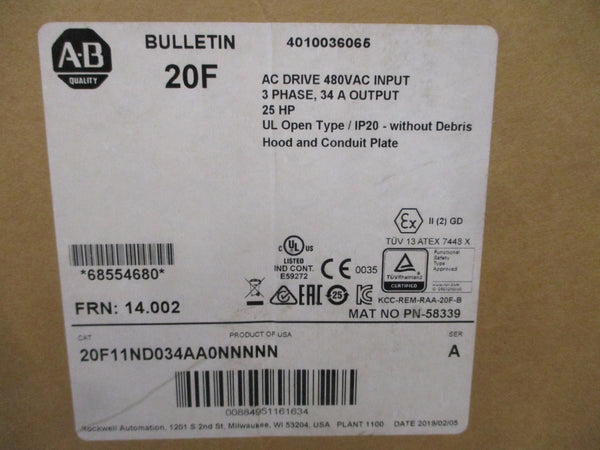 ALLEN BRADLEY 20F11ND034AA0NNNNN SER. A F/W 14.002 480VAC 34A NSMP