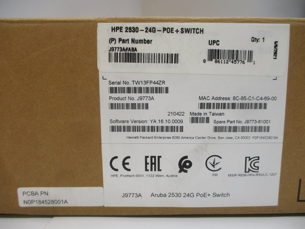 ARUBA J9773A HPE2530-24G-P0E+SWITCH 100-127/200-240V 3.2/1.6A NSMP