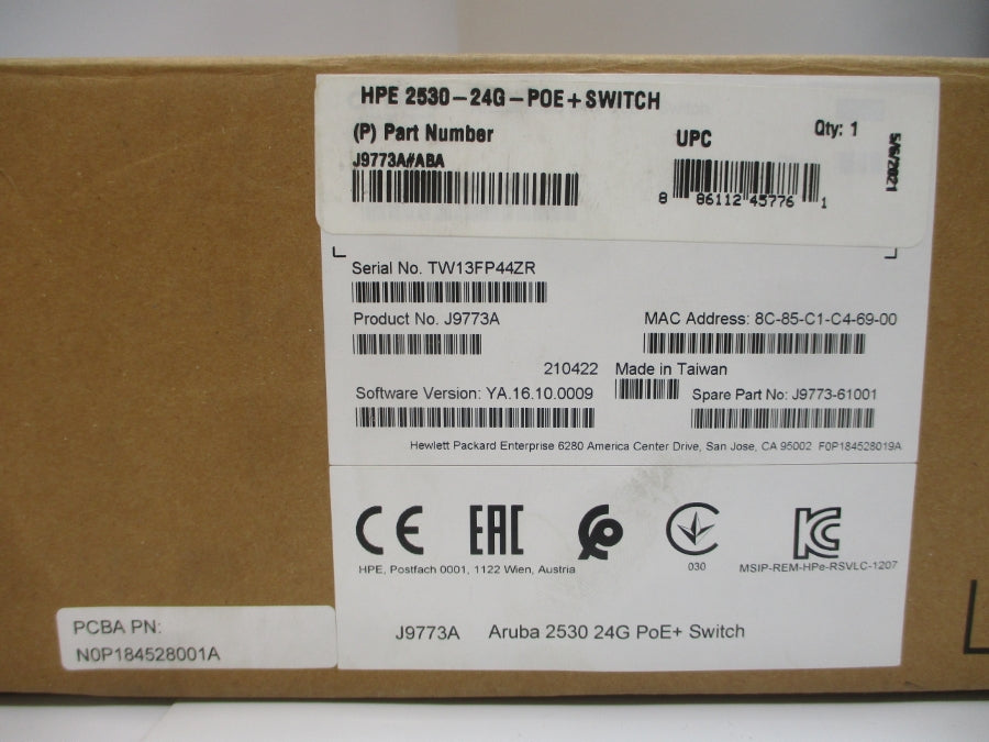 ARUBA J9773A HPE2530-24G-P0E+SWITCH 100-127/200-240V 3.2/1.6A NSMP