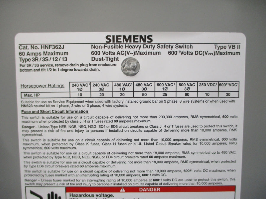 SIEMENS HNF362J 600VAC 60A NSMP