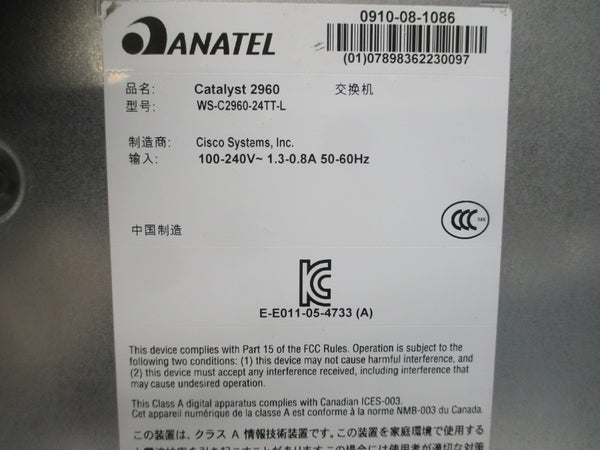 CISCO SYSTEMS 2960 WS-C2960-24TT-L 100-240V 1.3-0.8A NSNP
