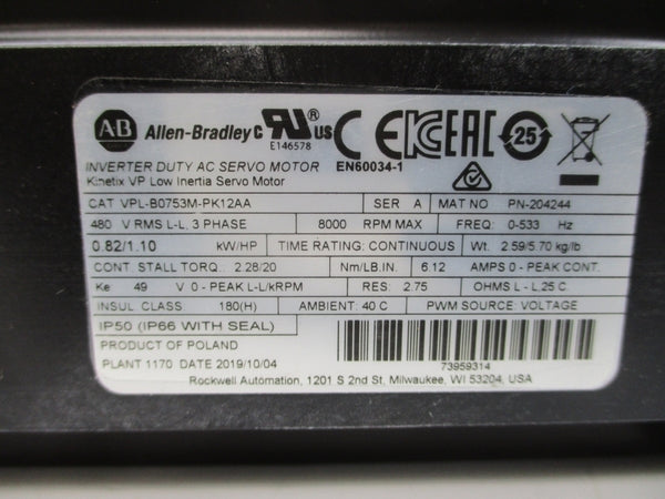 ALLEN BRADLEY VPL-B0753M-PK12AA SER. A 480VAC 6.12A NSNP