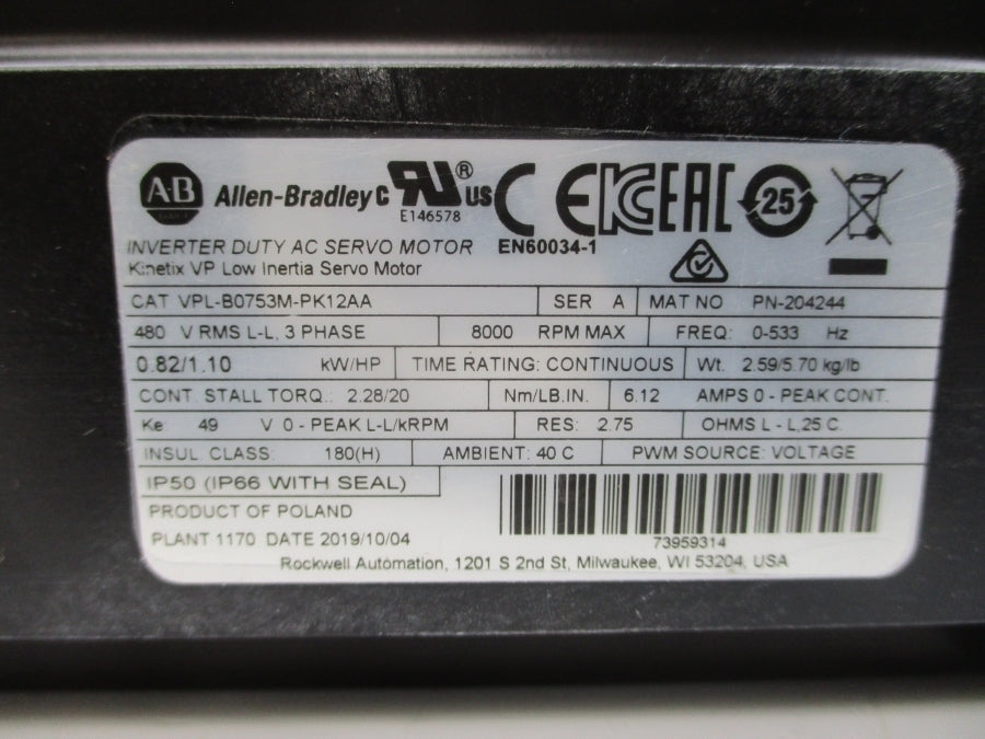 ALLEN BRADLEY VPL-B0753M-PK12AA SER. A 480VAC 6.12A NSNP
