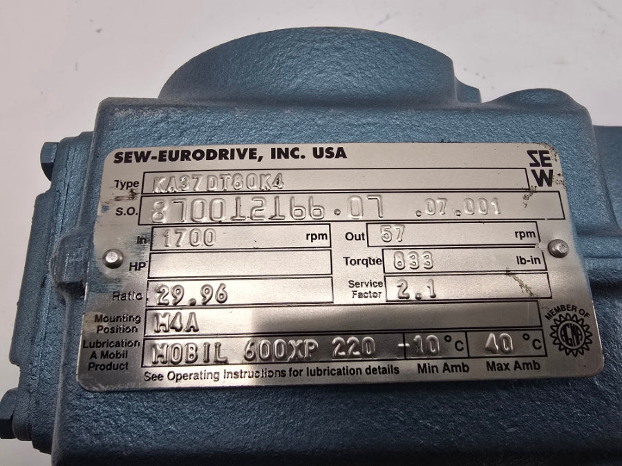 SEW-EURODRIVE DFT80K4 KA37DT80K4 230/460V 2.90/1.45A NSNP
