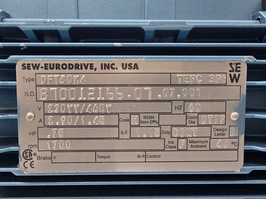 SEW-EURODRIVE DFT80K4 KA37DT80K4 230/460V 2.90/1.45A NSNP