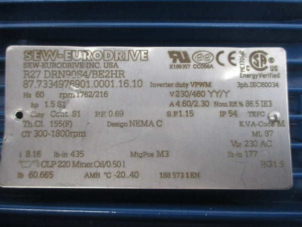 SEW-EURODRIVE R27DRN90S4/BE2HR 230/460V 4.60/2.30A NSNP