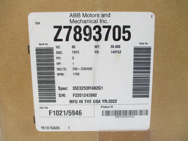 BALDOR Z7893705 35E3253M492G1 208-230/460V 3.1-3/1.5A NSMP