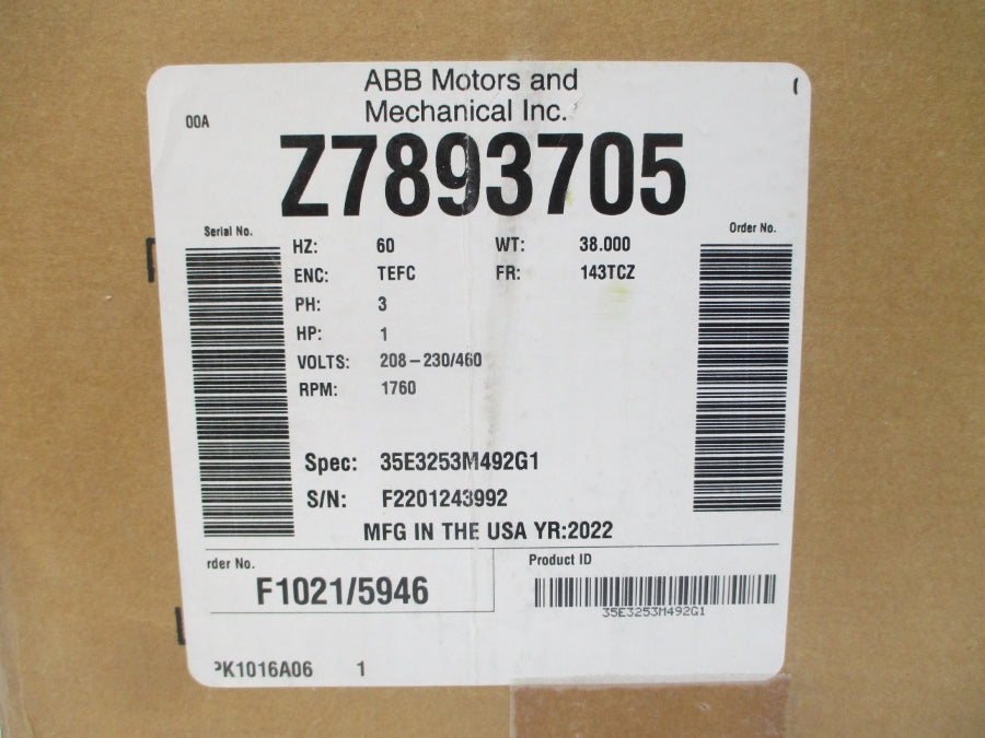 BALDOR Z7893705 35E3253M492G1 208-230/460V 3.1-3/1.5A NSMP