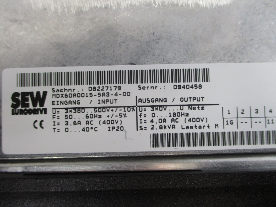 SEW-EURODRIVE MDX61B0015-5A3-4-0T 08279756 380-500VAC 3.6/4.0A UNMP