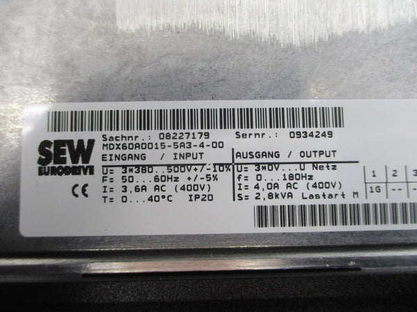 SEW-EURODRIVE MDX61B0015-5A3-4-0T 08279756 380-500VAC 3.6/4.0A (NO COVER) UNMP
