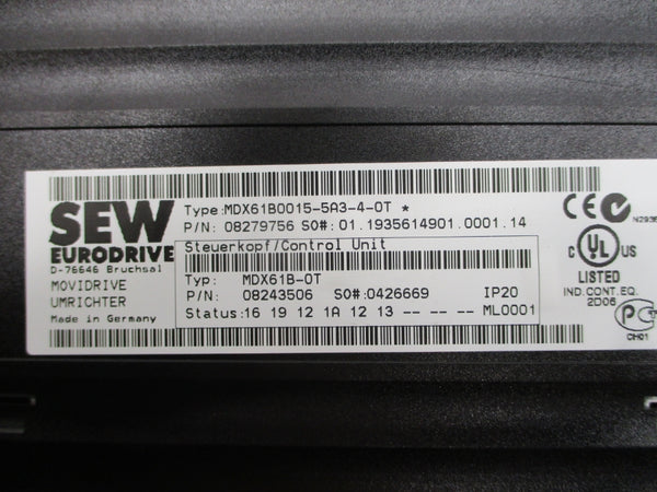 SEW-EURODRIVE MDX61B0015-5A3-4-0T 08279756 380-500VAC 3.6/4.0A (NO COVER) UNMP