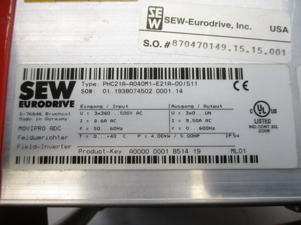 SEW-EURODRIVE PHC21A-A040M1-E21A-00/S11 380-500VAC 8.6A NSNP