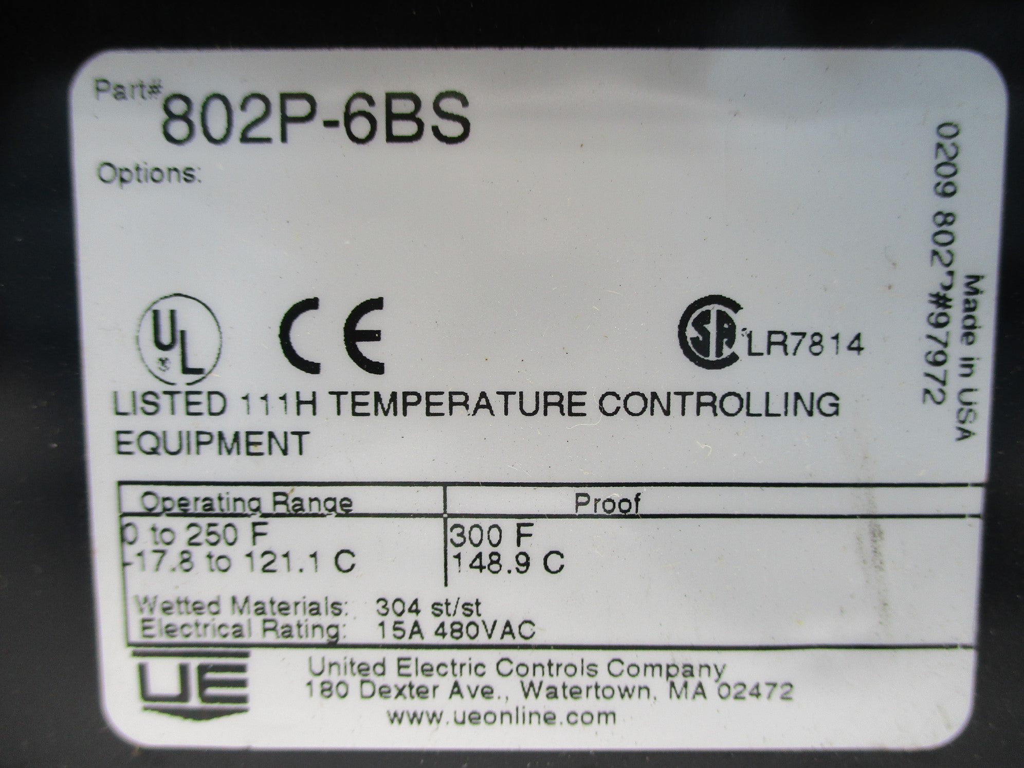 UNITED ELECTRIC CONTROLS 802P-6BS NSNP