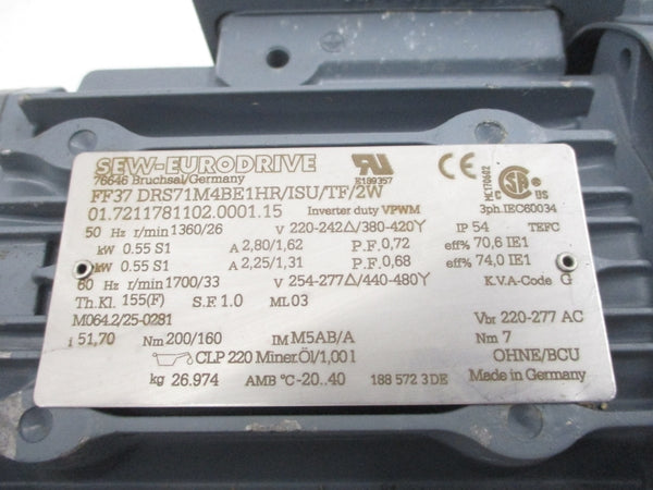 SEW-EURODRIVE FF37DRS71M4BE1HR/ISU/TF/2W 480V 1.31A UNMP
