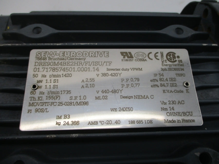 SEW-EURODRIVE DRE90M4BE2HR/FI/ISU/TF 480V 2.10A UNMP