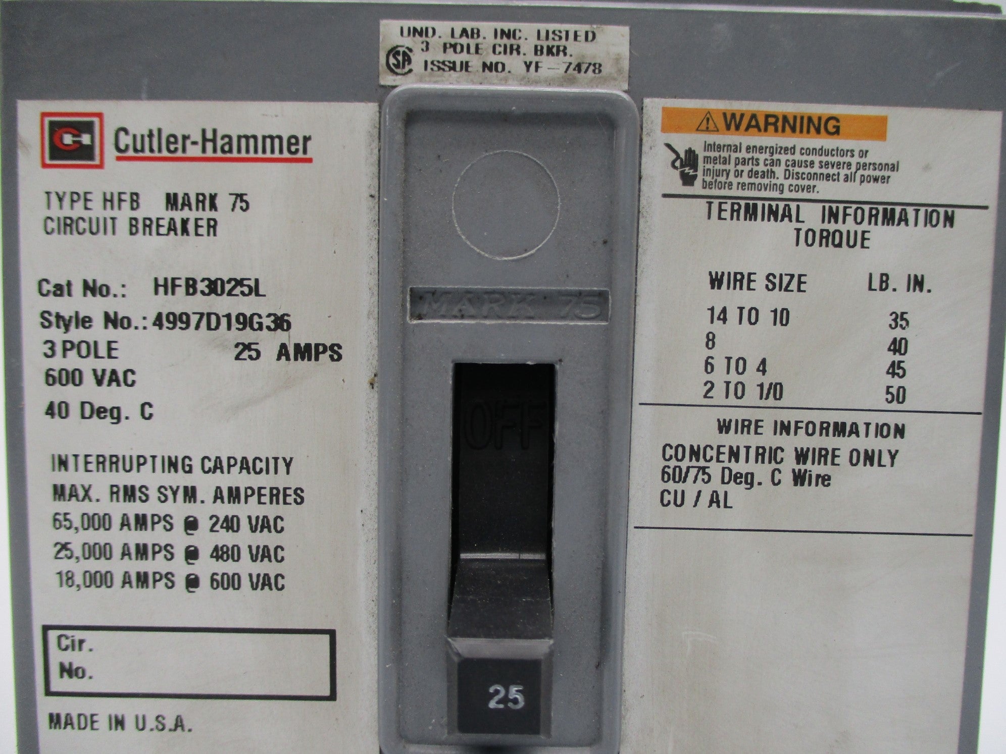 CUTLER HAMMER HFB3025L 25A 600VAC NSNP