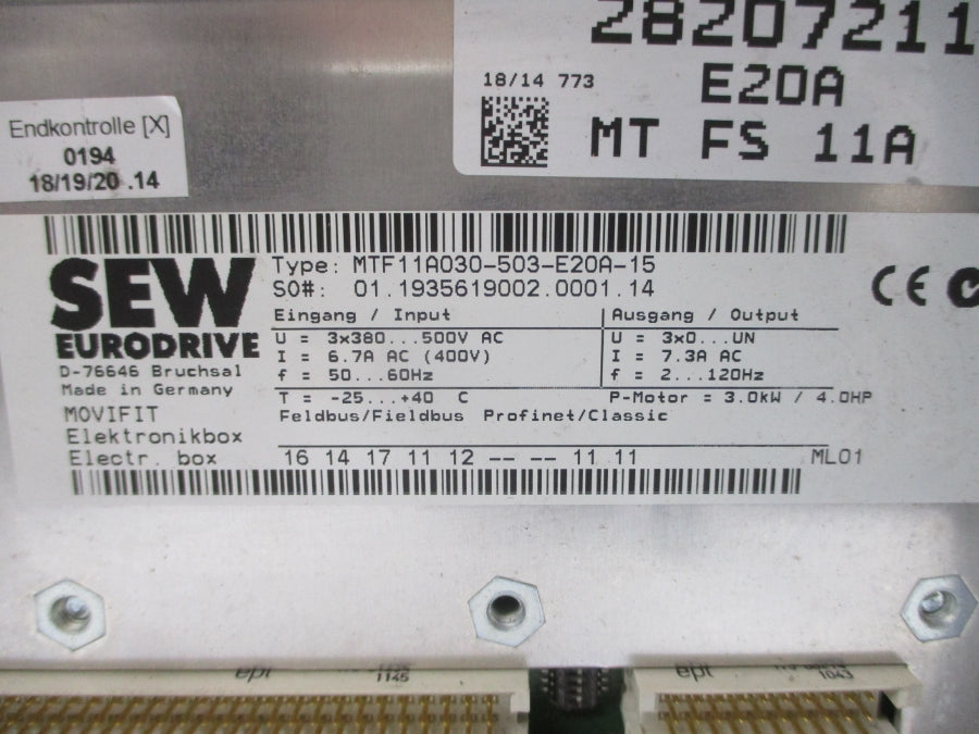 SEW-EURODRIVE MTF11A030-503-E20A-15 MTA11A-503-I553-M12-00/BW2 500VAC 6.7A NSNP
