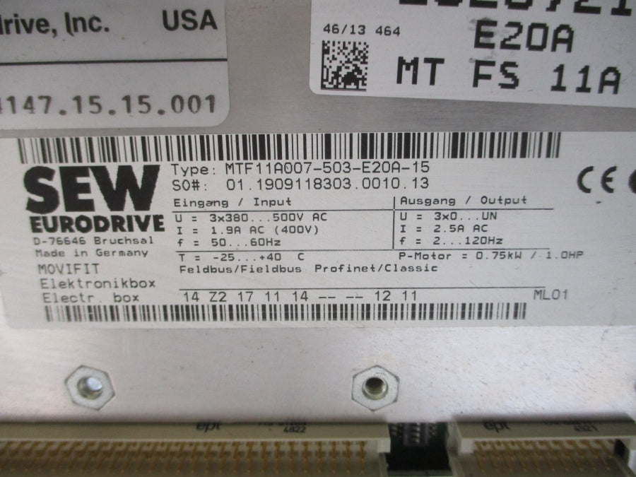 SEW-EURODRIVE MTF11A007-503-E20A-15 MTA11A-503-I553-M11-00 380-500VAC 1.9A NSNP
