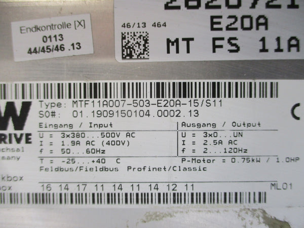 SEW-EURODRIVE MTF11A007-503-E20A-15/S11 380-500VAC 1.9A UNMP