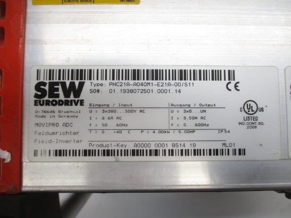 SEW-EURODRIVE PHC21A-A040M1-E21A-00/S11 PZM2XA-A150-D03-00 380-500VAC 50A NSNP
