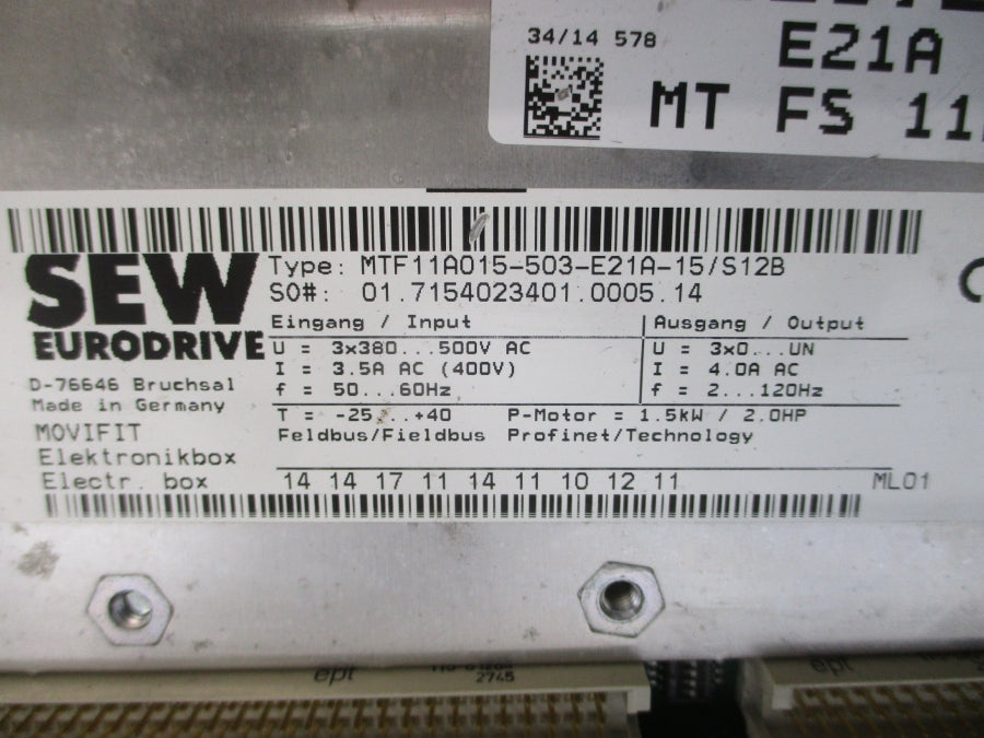 SEW-EURODRIVE MTF11A015-503-E21A-15/S12B 380-500VAC 3.5A NSNP