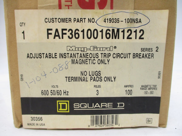 SQUARE D FAF3610016M1212 SER. 2 600V 100A NSFS