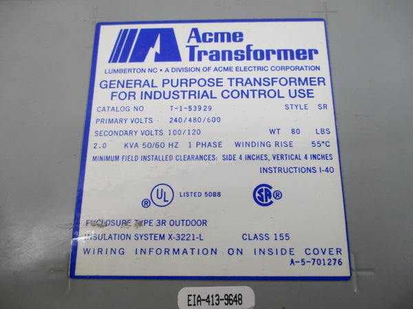 ACME TRANSFORMER T-1-53929 240/480/600V NSNP
