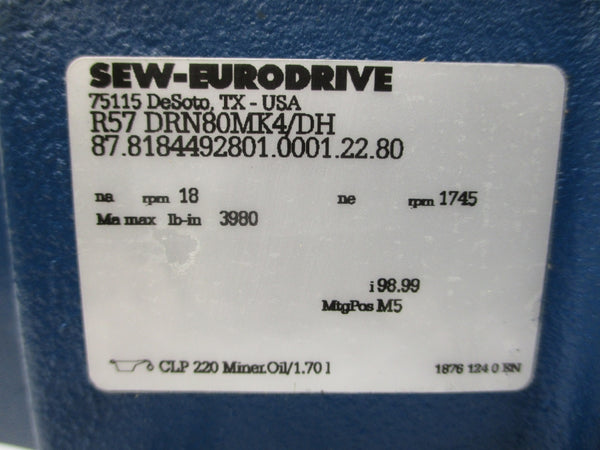 SEW-EURODRIVE R57DRN80MK4/DH 230/460V 2.30/1.15A NSNP