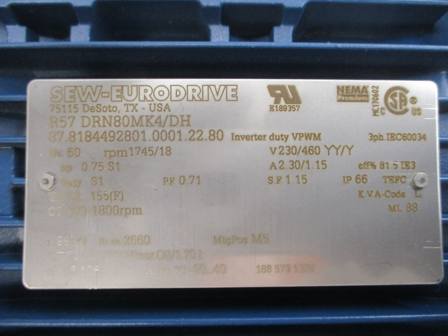 SEW-EURODRIVE R57DRN80MK4/DH 230/460V 2.30/1.15A NSNP