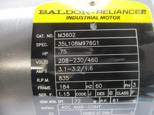 BALDOR M3602 35L108M976G1 208-230/460V 3.1-3.2/1.6A NSMP