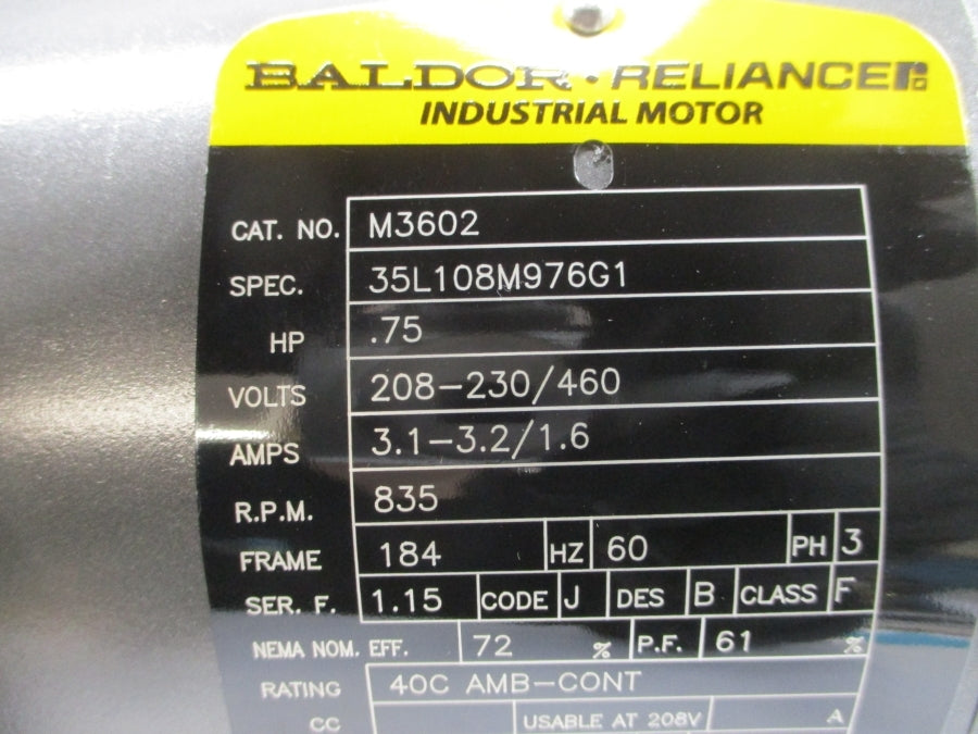 BALDOR M3602 35L108M976G1 208-230/460V 3.1-3.2/1.6A NSMP