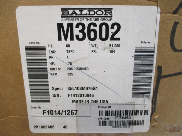 BALDOR M3602 35L108M976G1 208-230/460V 3.1-3.2/1.6A NSMP