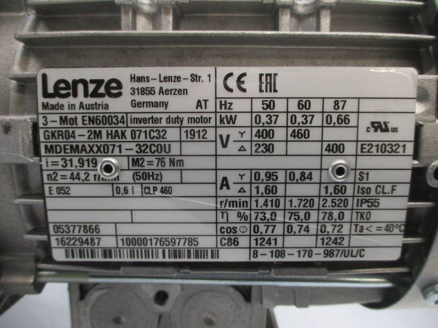 LENZE MDEMAXX071-32C0U EN60034 230-400/460V 1.60-0.95/0.84A NSNP