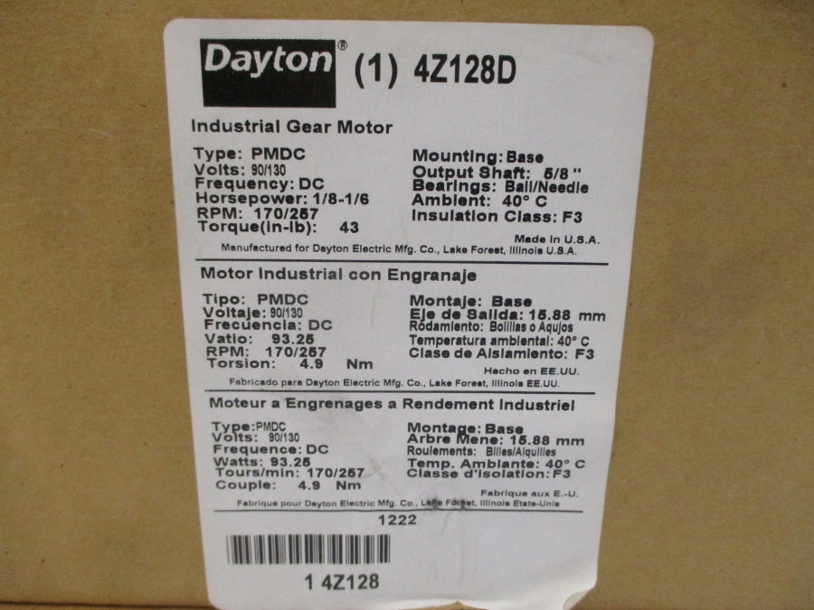 DAYTON 4Z128D 90/130VDC 1.41/1.43A NSMP
