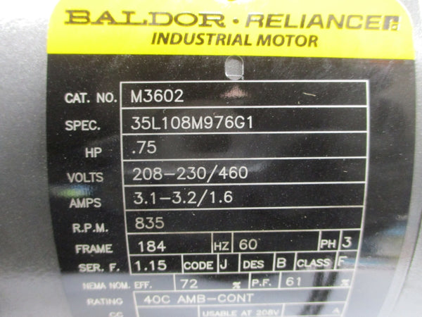 BALDOR M3602 35L108M976G1 208-230/460V 3.1-3.2/1.6A NSMP