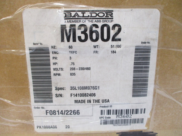 BALDOR M3602 35L108M976G1 208-230/460V 3.1-3.2/1.6A NSMP