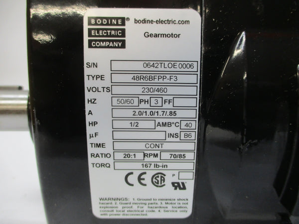 BODINE ELECTRIC 48R6BFPP-F3 230/460V 2.1/1.0/1.7/.85A NSMP