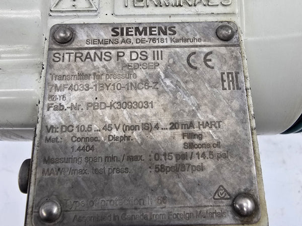 SIEMENS 7MF4033-1BY10-1NC6-Z 10.5-45V 0.15/14.5PSI UNMP