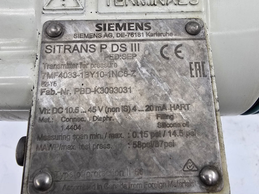 SIEMENS 7MF4033-1BY10-1NC6-Z 10.5-45V 0.15/14.5PSI UNMP