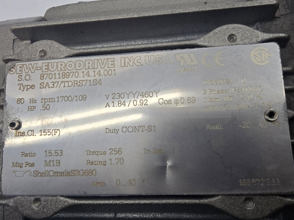 SEW-EURODRIVE SA37/TDRS71S4 230/460V 1.84/0.92A NSNP