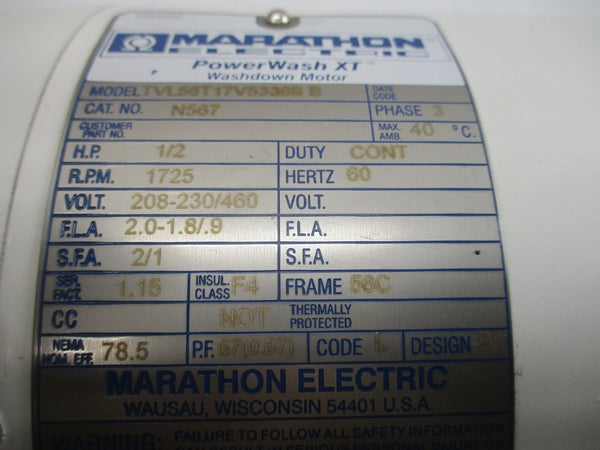 MARATHON ELECTRIC N567 056T17V5336 208-230/460V 2.0-1.8/.9A NSMP