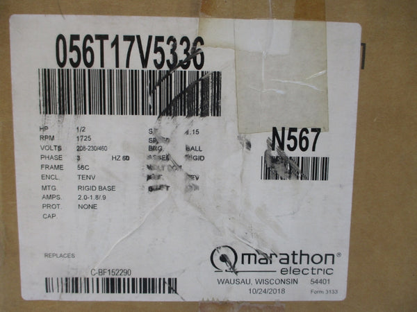 MARATHON ELECTRIC N567 056T17V5336 208-230/460V 2.0-1.8/.9A NSMP
