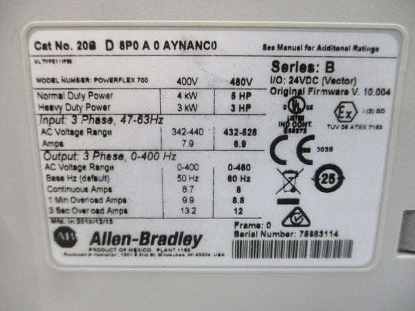 ALLEN BRADLEY 20BD8P0A0AYNANC0 SER. B F/W V.10.004 432-528VAC 6.9A NSNP